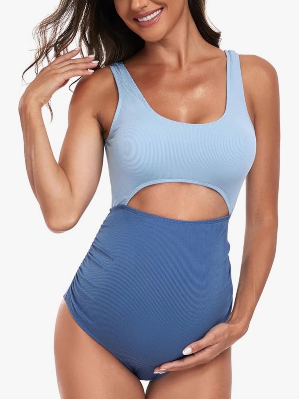 Two-Tone Blue Cutout Maternity Swimsuit